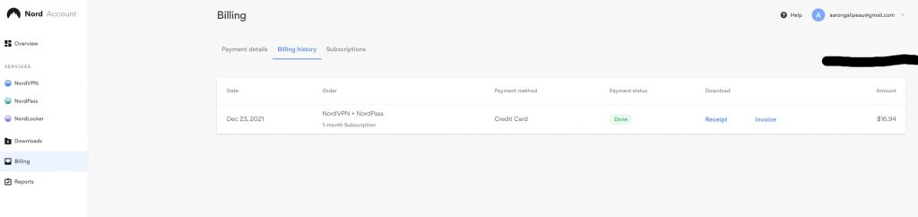 NordVPN billing page