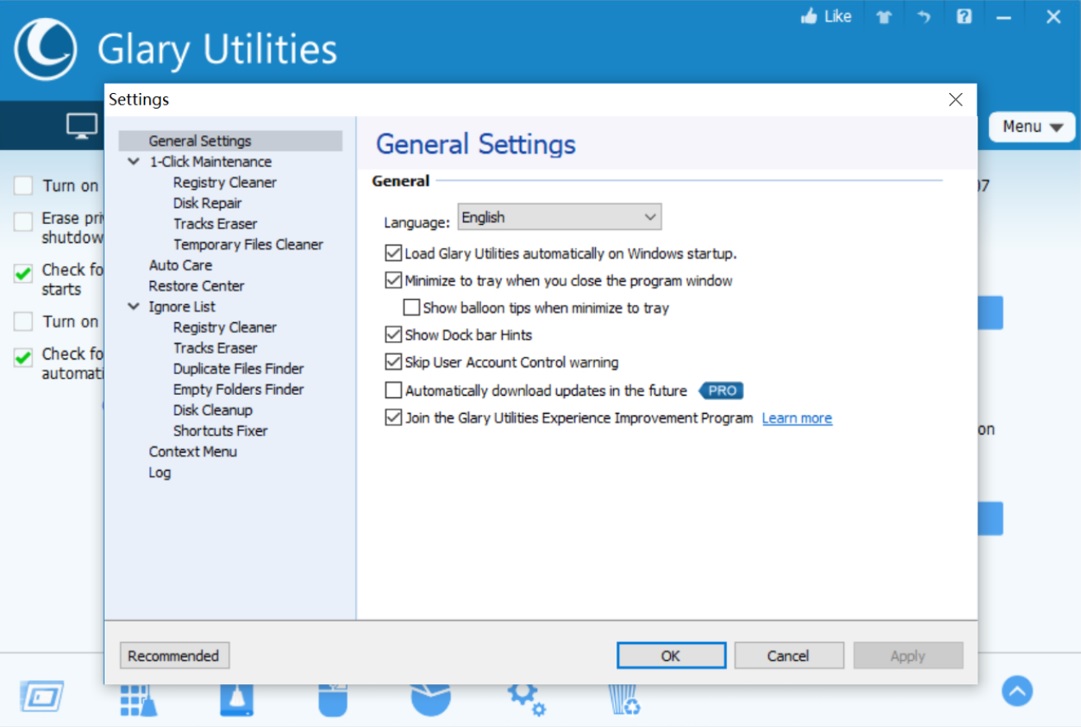 Glary Utilities Pro general settings