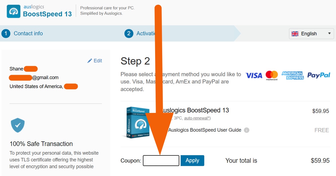 Auslogics BoostSpeed 13 Pro how to apply coupon code