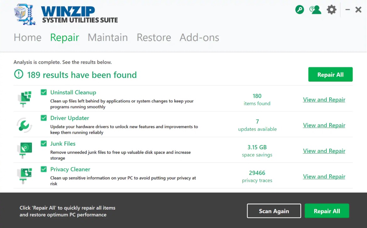 WinZip System utilities Suite repair option