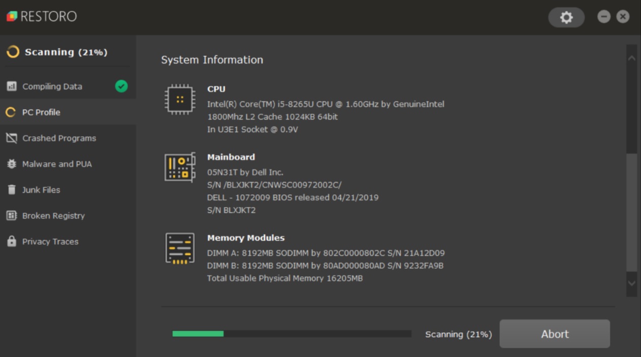 Restoro PC profile system information summary screenshot