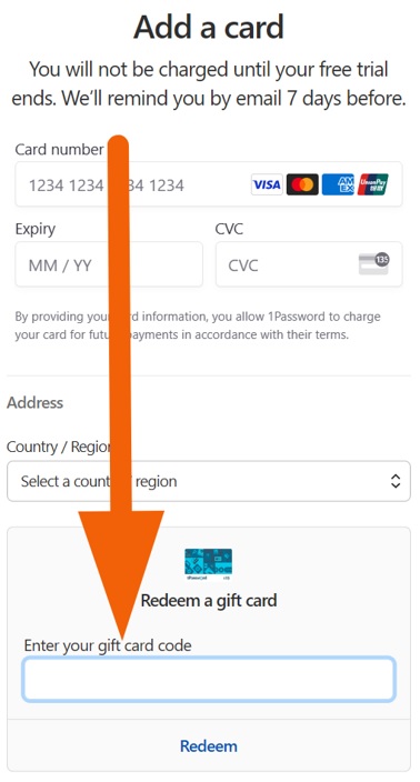 How to redeem 1Password gift card code