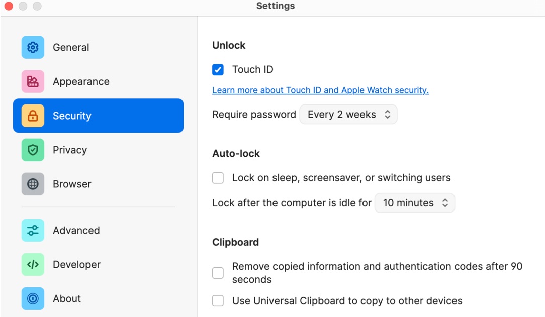 1Password security tab