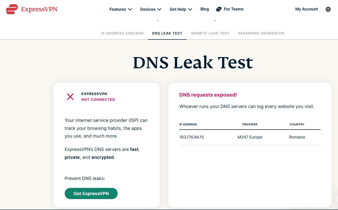 ExpressVPN DNS leak test for CyberGhost VPN