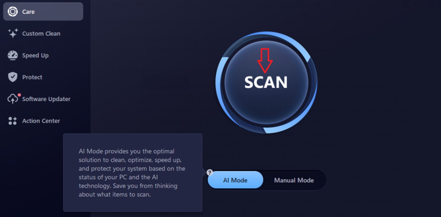 Advanced SystemCare 20 first scan in AI mode