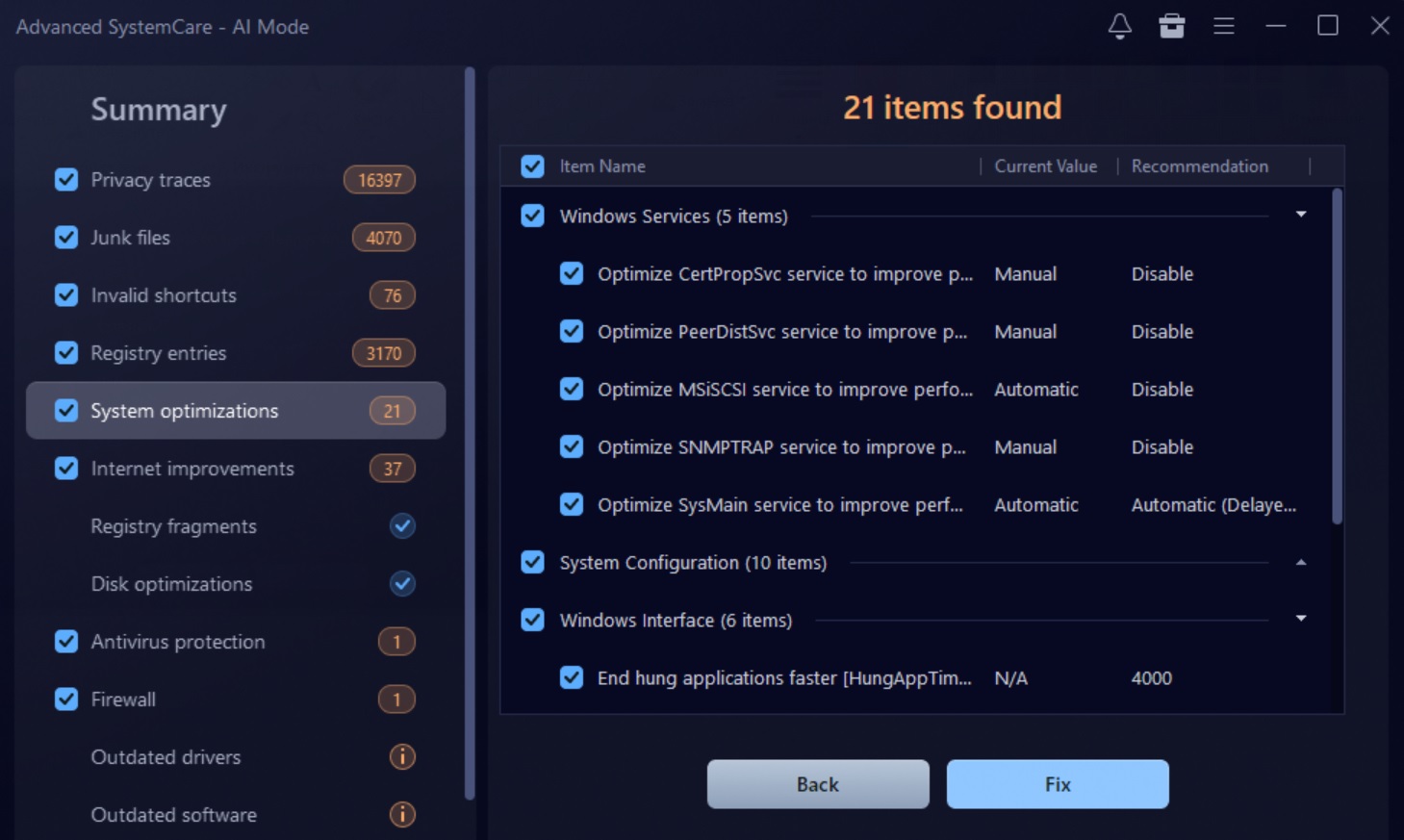 Advanced SystemCare 20 scan results