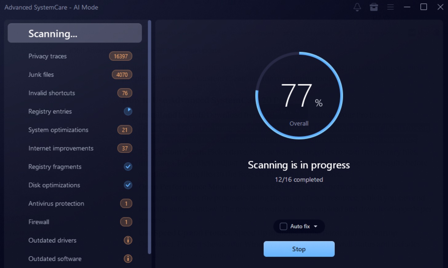 Advanced SystemCare scanning in progress