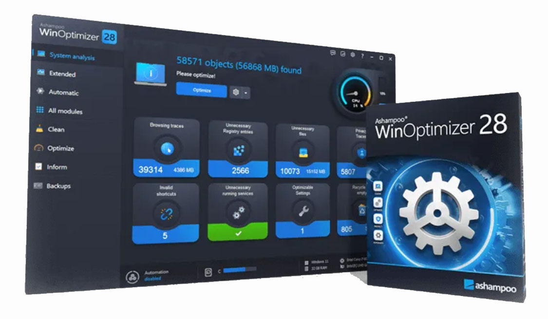 WinOptimizer 28 user interface and boxshot