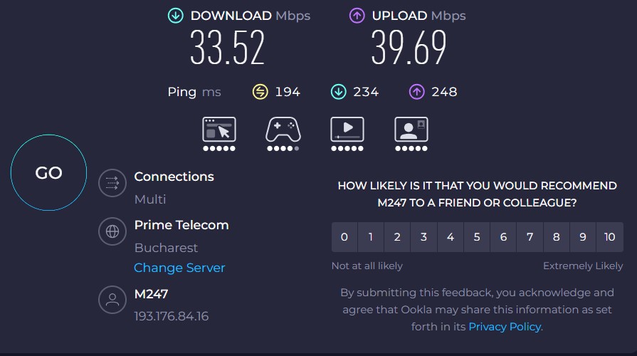CyberGhost VPN Romania server speed test
