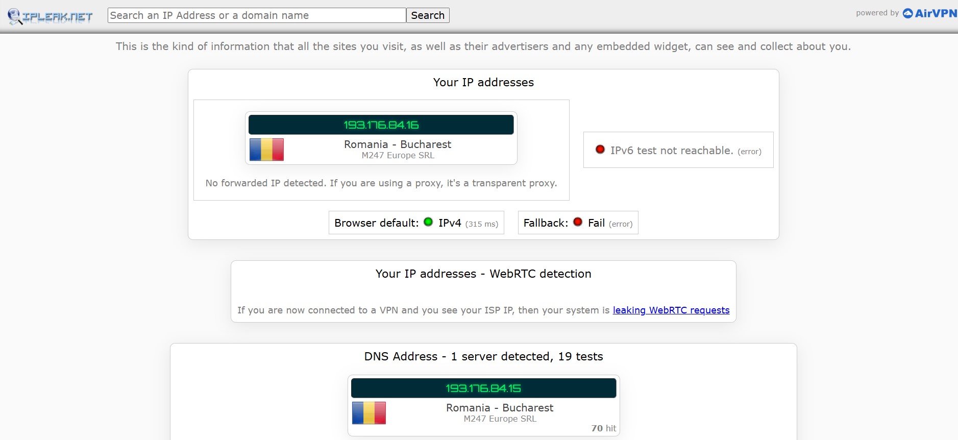 DNS leak test for CyberGhost VPN using ipleak.net