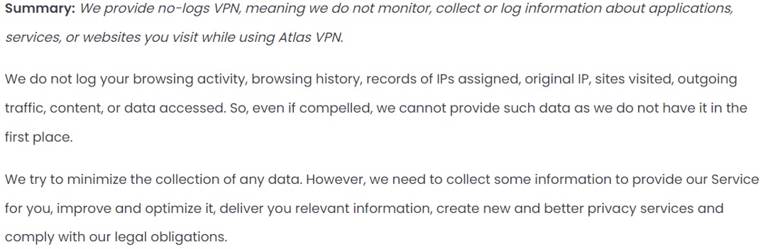 AtlasVPN no log policy excerpt