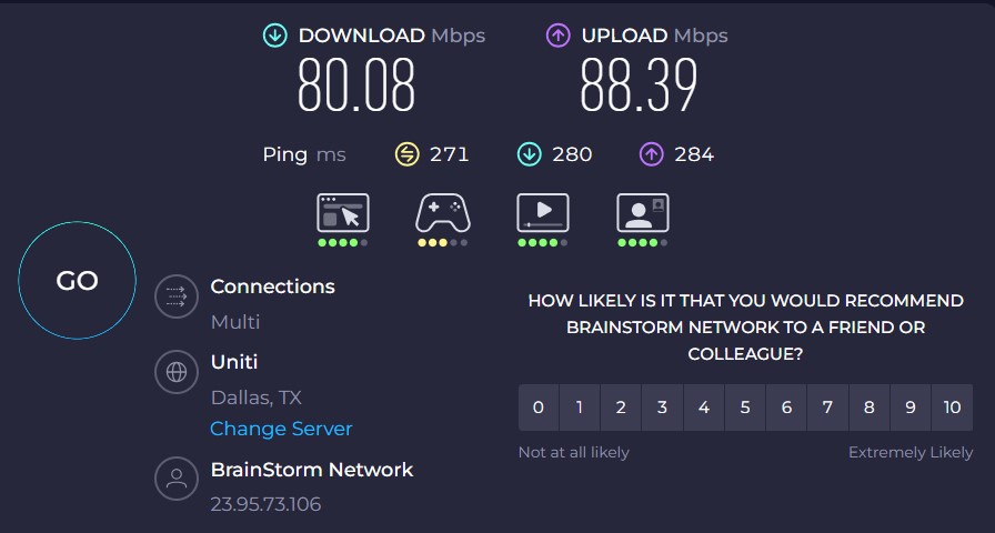 OysterVPN speed test - Dallas, Texas