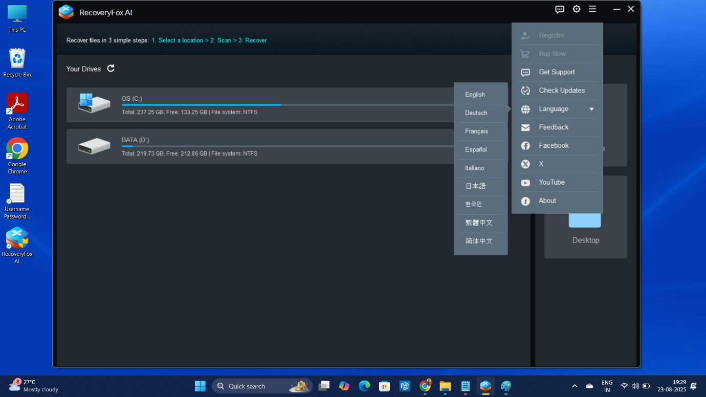 RecoveryFox AI user interface