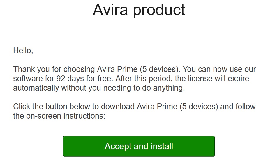 Avira Prime free download confirmation email