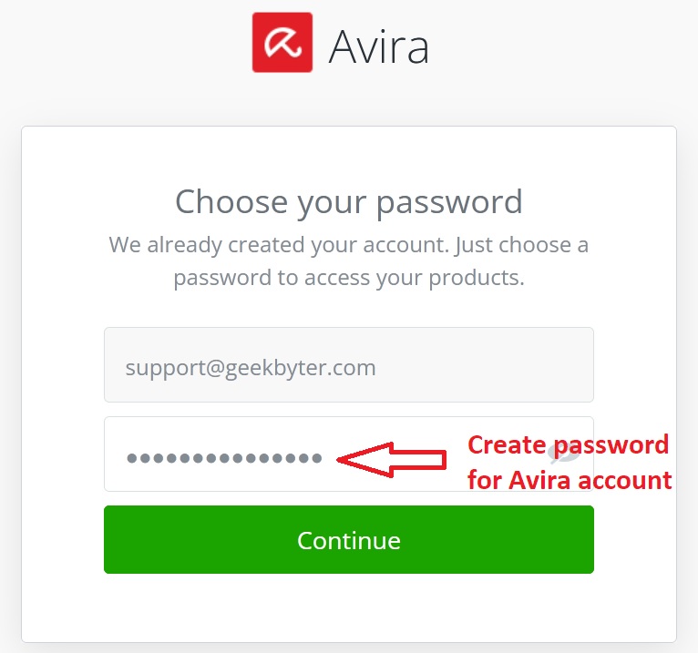 Create password for Avira account