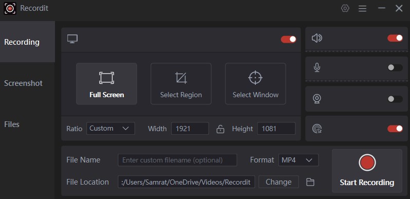Swyshare Recordit user interface