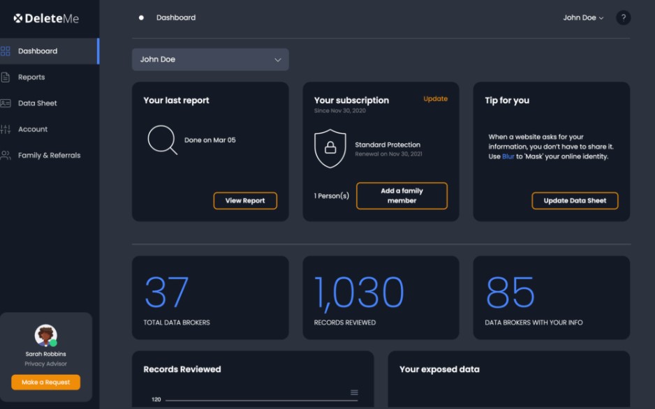 DeleteMe dashboard UI