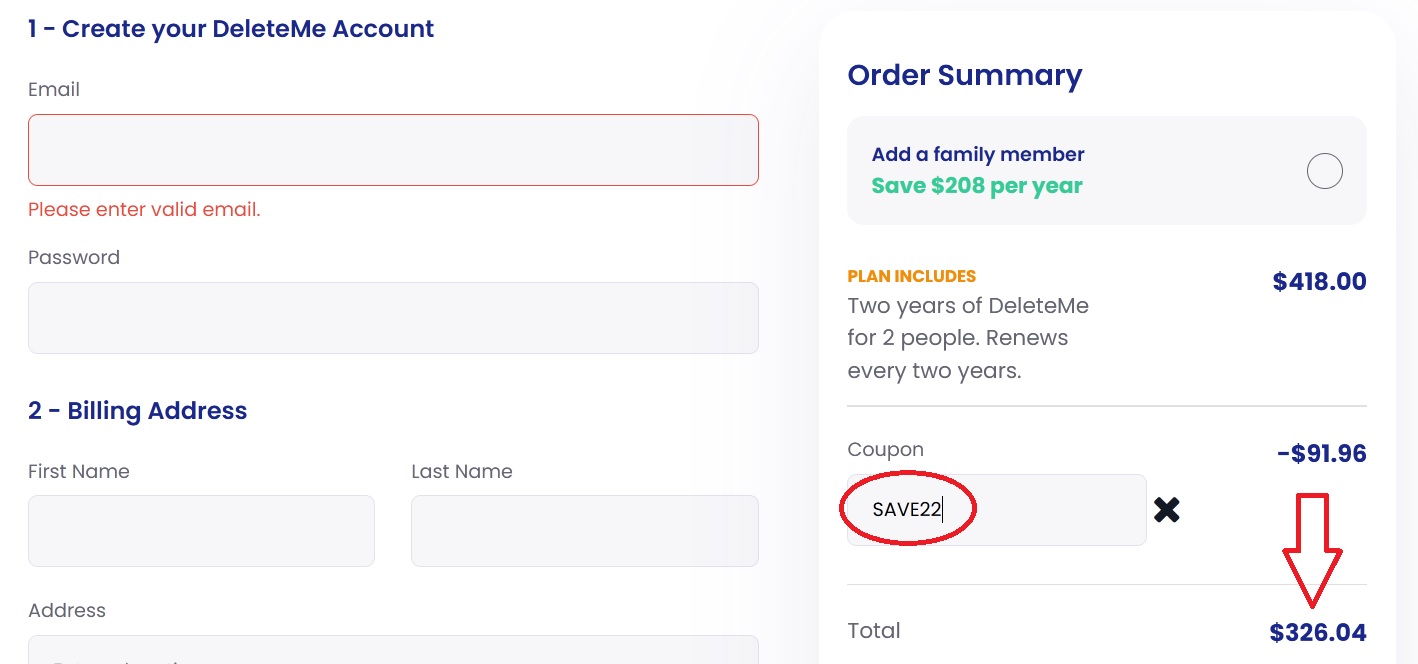 DeleteMe coupon code "SAVE22" applied