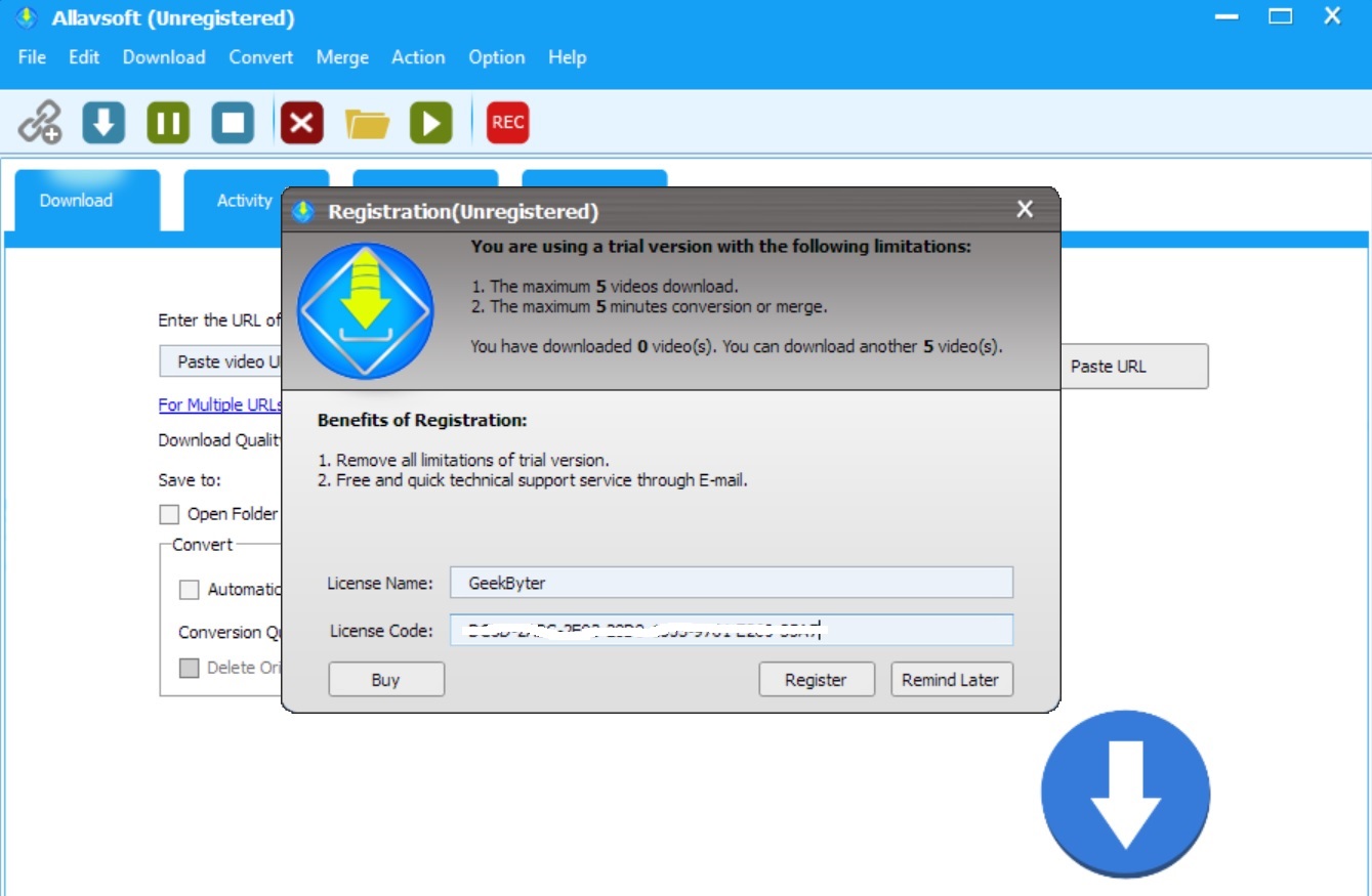 Allavsoft Video Downloader and Converter for Windows free trial registration with license key