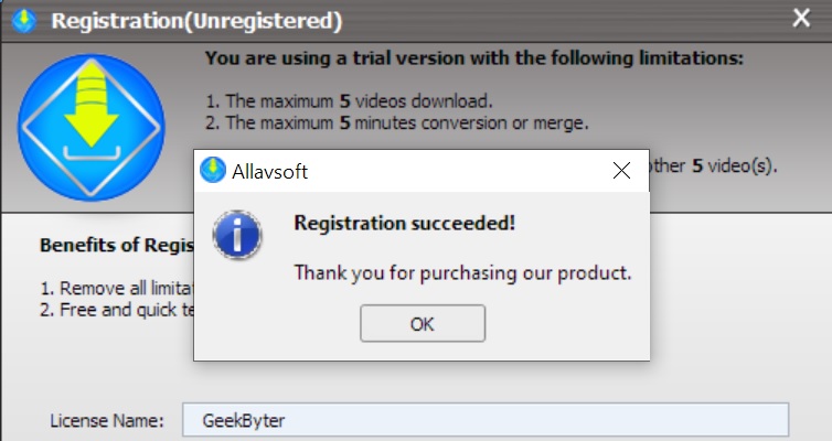 Allavsoft full version registration succeeded message