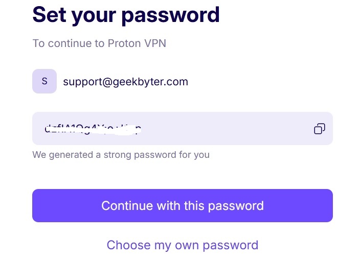 Setup password for free Proton VPN account