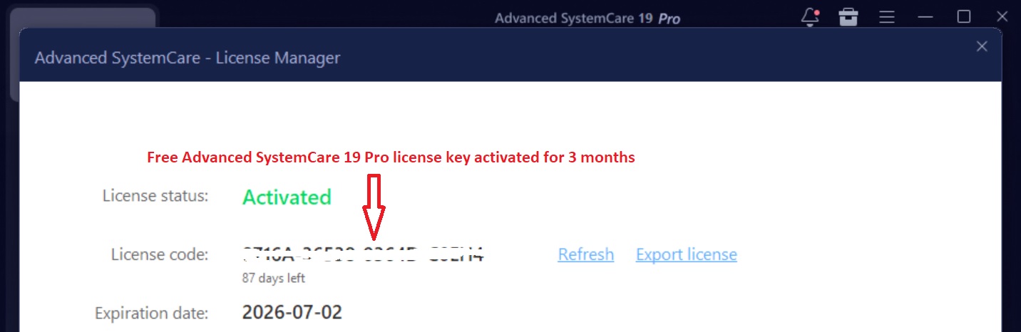 Free Advanced SystemCare 19 Pro license key activated for 3 months