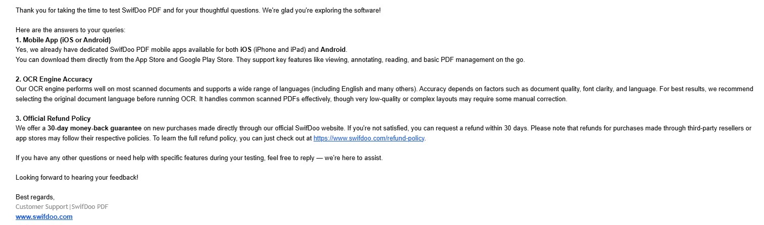 SwifDoo customer support correspondence
