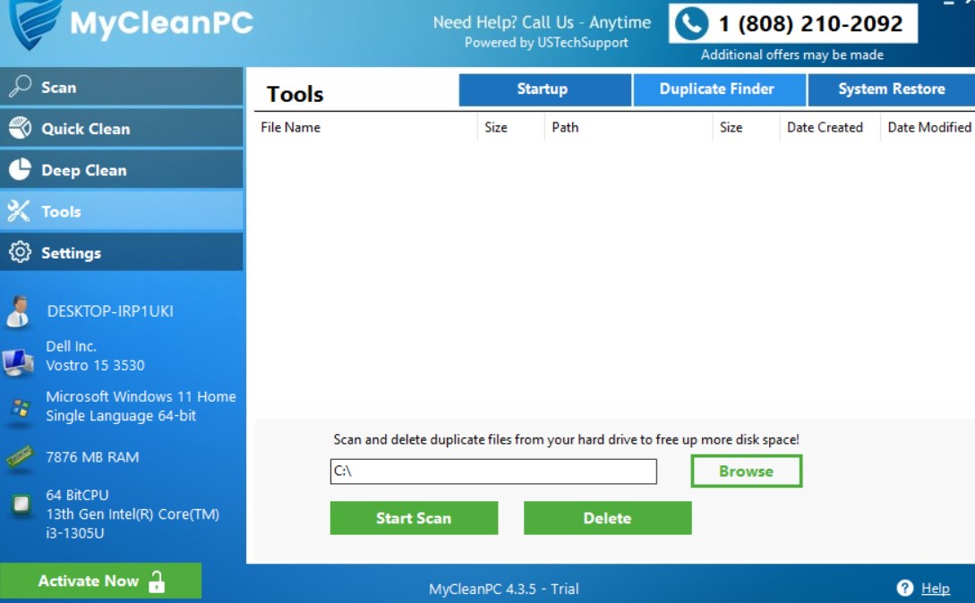 MyCleanPC tools tab screenshot