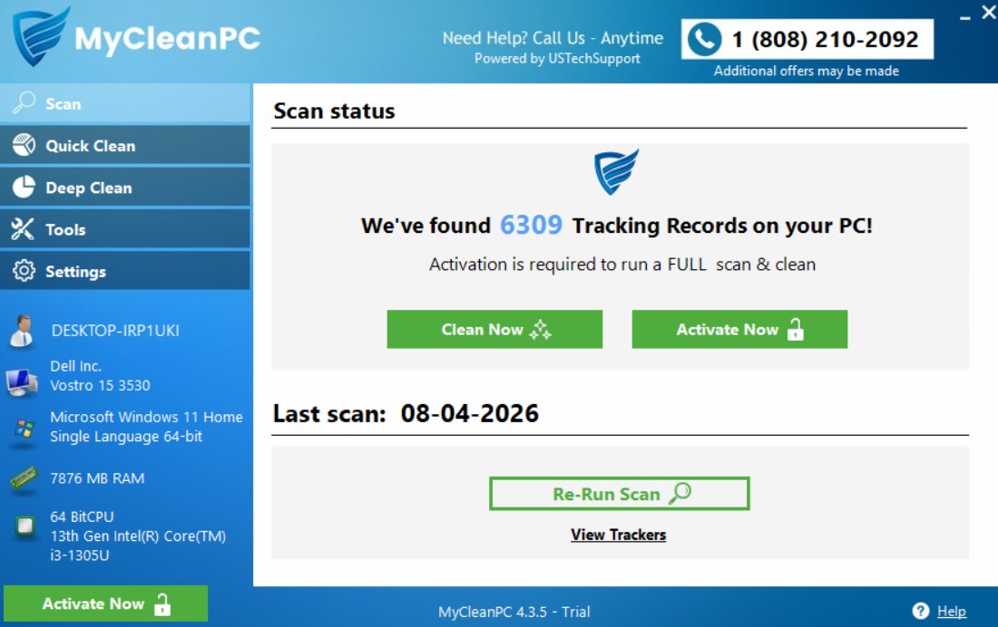MyCleanPC tracking records found after first scan