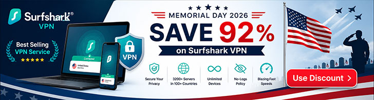92% off Surfshark VPN coupon code Memorial Day 2026 sale
