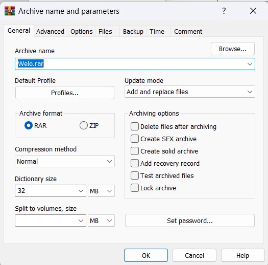 WinRAR archive settings