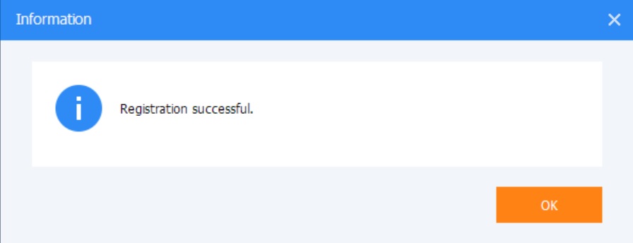 Registration successful window