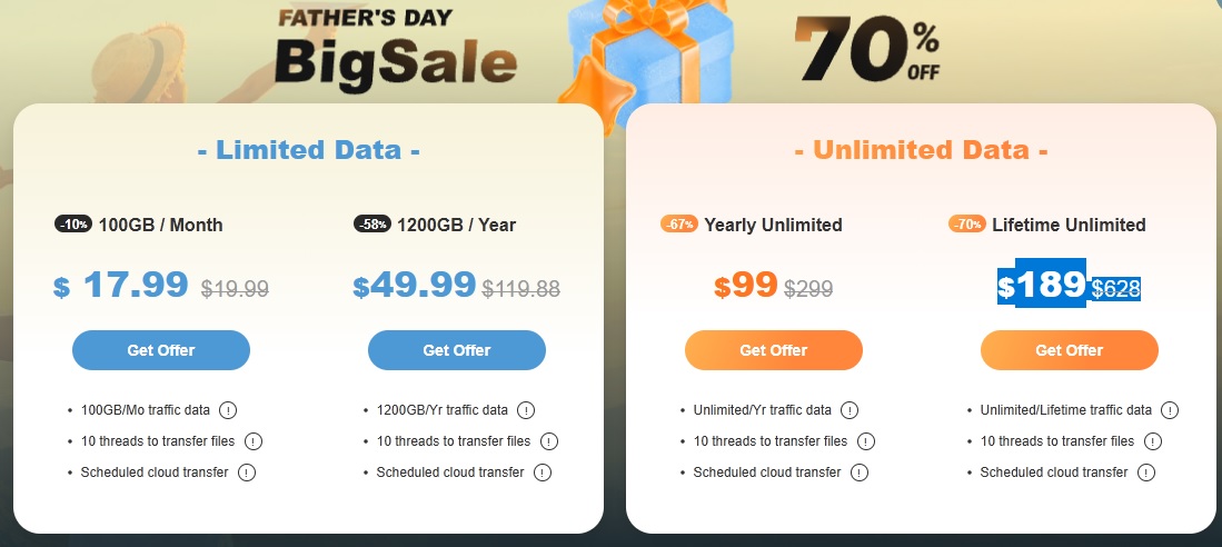 70% discount for MultCloud unlimited data plan