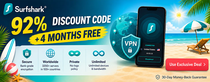 Surfshark coupon code 90% discount + 4 months free