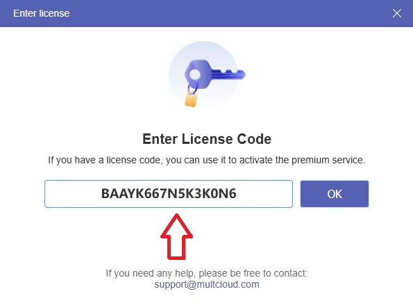 Entering MultCloud license code for 3 months premium account giveaway