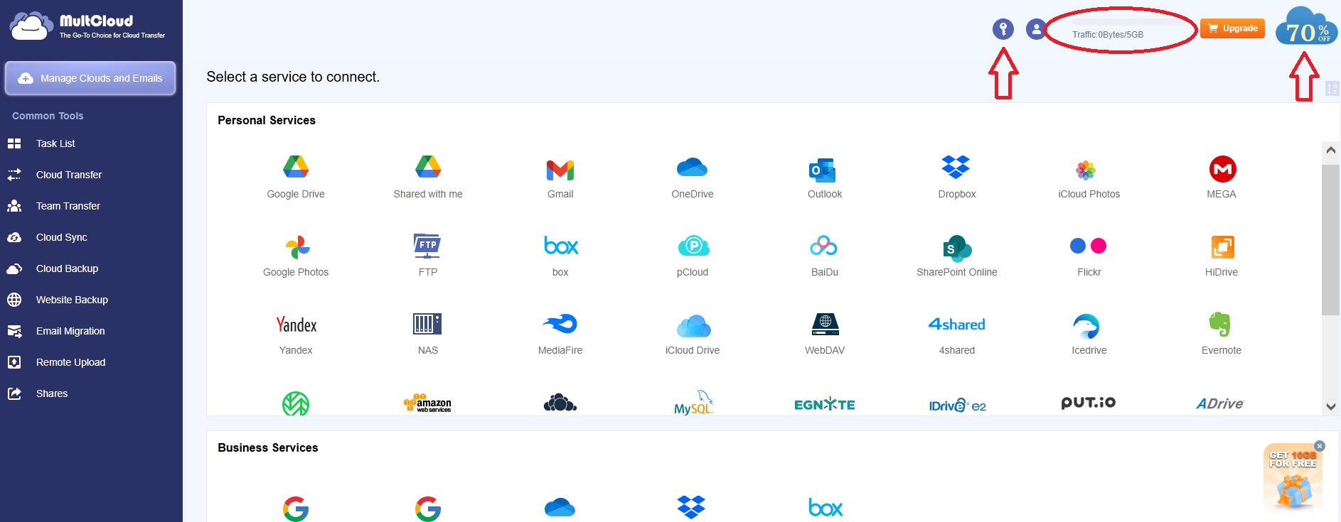 MultCloud free account dashboard