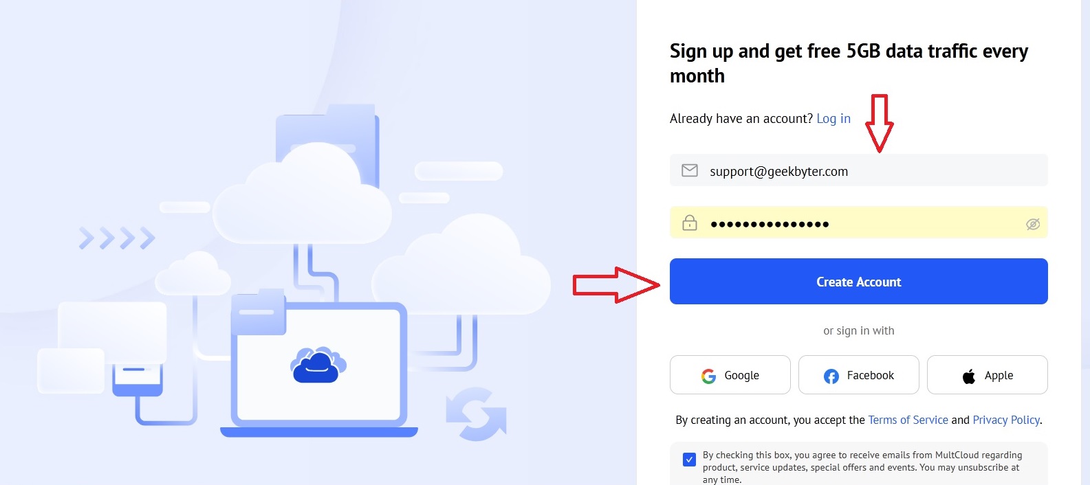 Free 5 GB MultCloud account signup