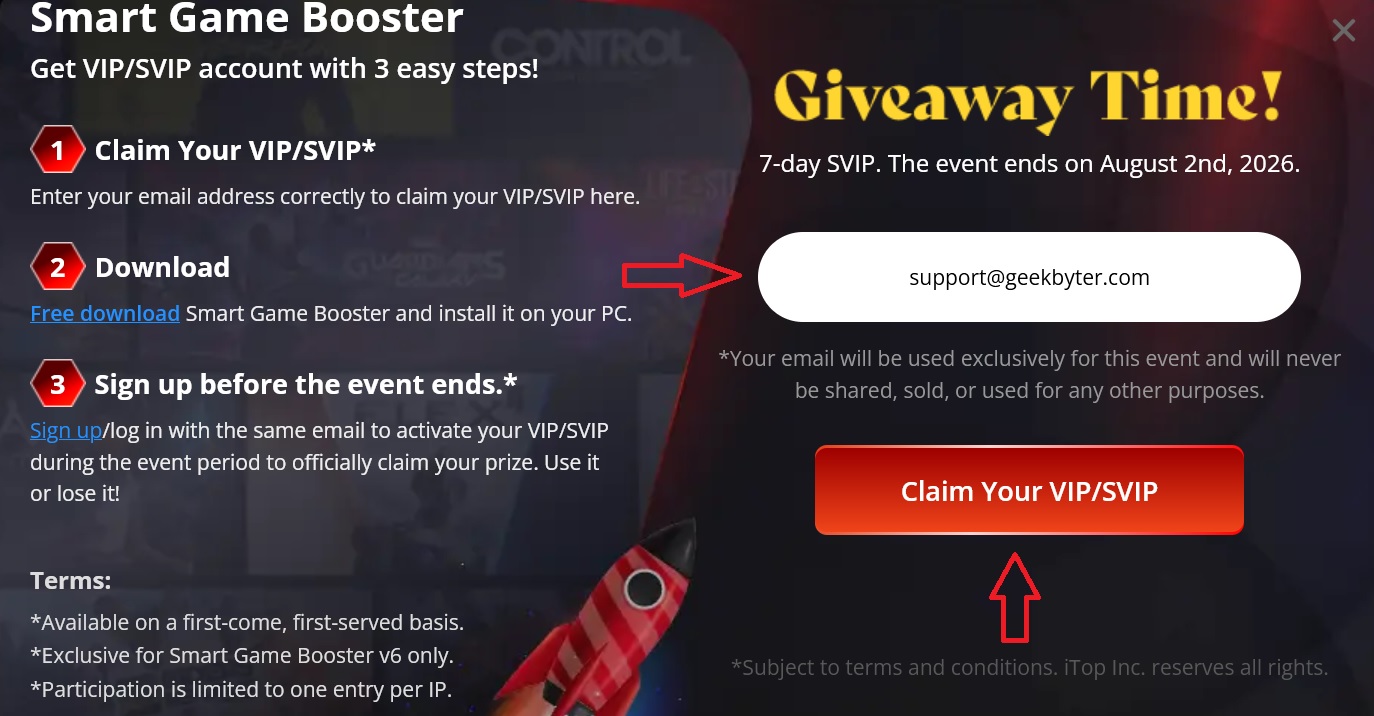 Smart Game Booster giveaway page