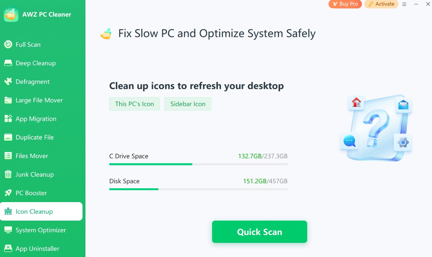 AWZ PC Cleaner icon cleanup tab