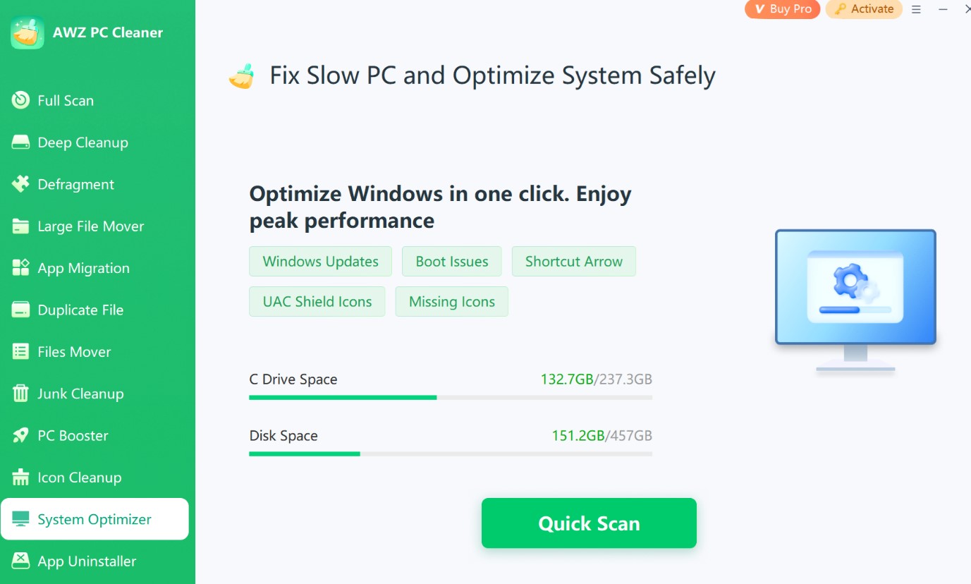 AWZ PC Cleaner system optimizer tab