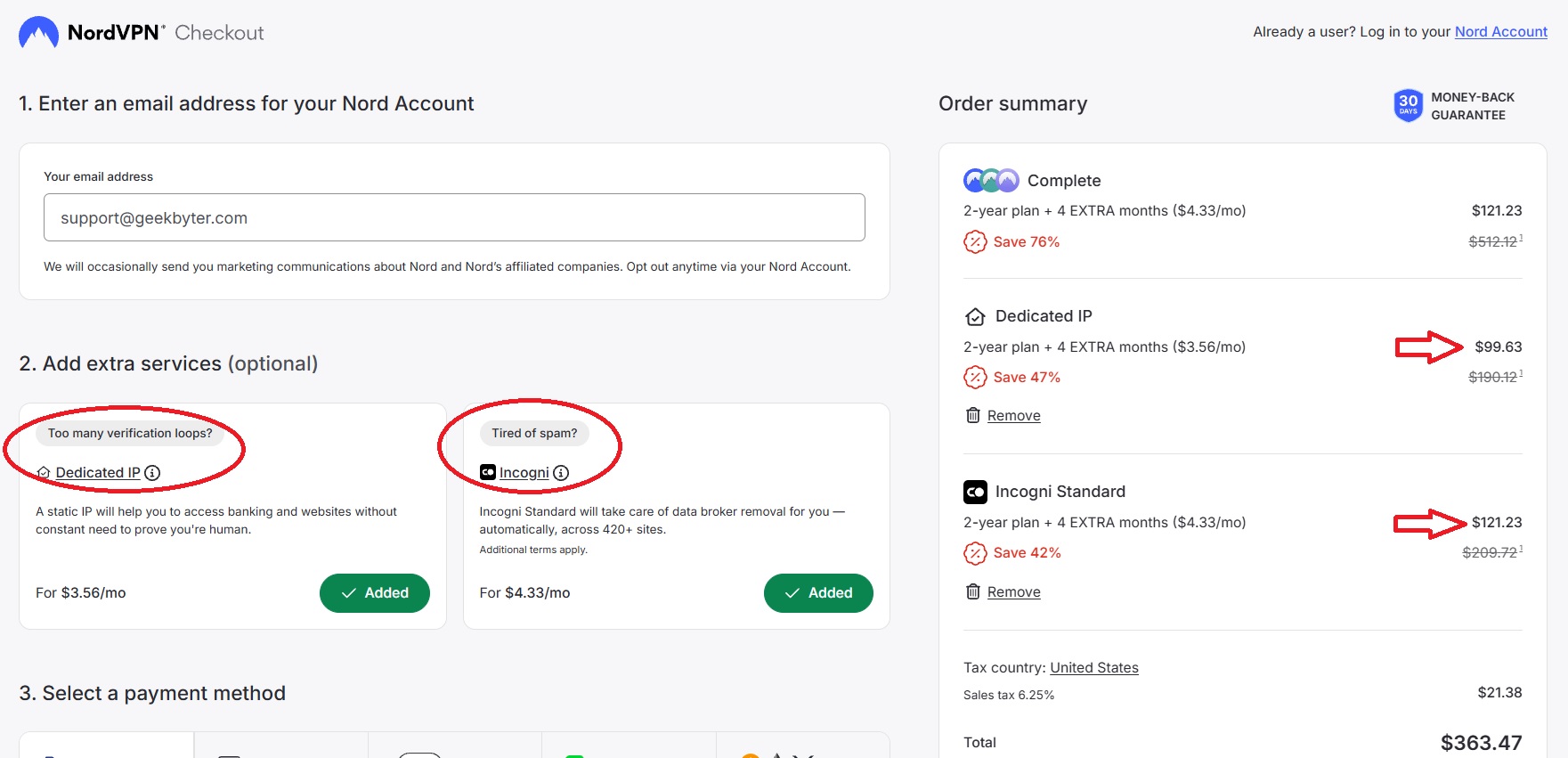 NordVPN checkout with Incogni + Dedicated IP