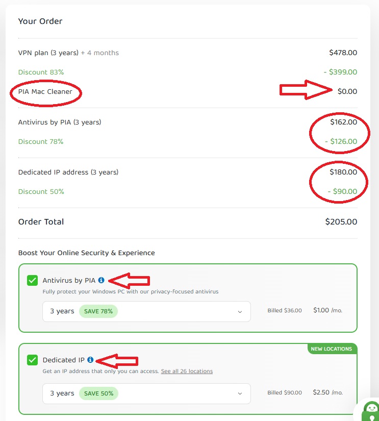 PIA VPN checkout with free PIA MAC Cleaner + discounted Antivirus and Dedicated IP